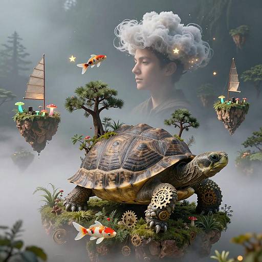 Double-Exposure Ancient Tortoise Dreamscape