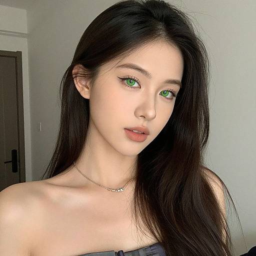 Photograph of a young Asian woman with long black hair, green eyes, fair skin, wearing a black strapless top and gold necklace, looking at