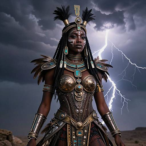 Photograph of an African warrior woman with dark skin, elaborate gold and turquoise jewelry, and feathered headpiece, standing against a stormy sky with