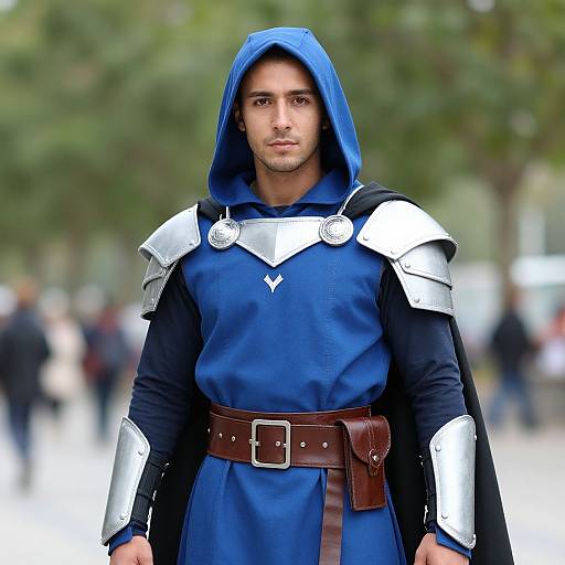 Photograph of a handsome young man with fair skin and brown eyes, wearing a blue hooded tunic, silver armor, and a brown belt,