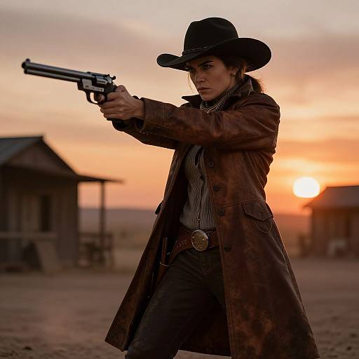 Photograph of a determined woman in a black cowboy hat, brown leather coat, and black pants, aiming a handgun at the sunset in a dusty,