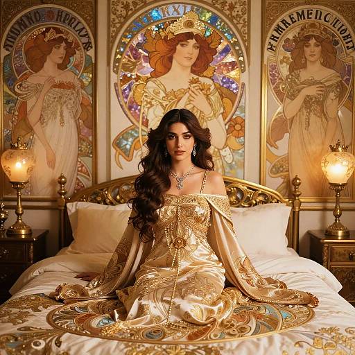 Photograph-like digital art: Dark-haired woman in gold, ornate dress sits on elaborately decorated bed, surrounded by Art Nouveau stained glass of