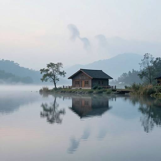 Photograph of a serene, misty lake with a small wooden house reflected in the calm water, surrounded by trees and foggy mountains.