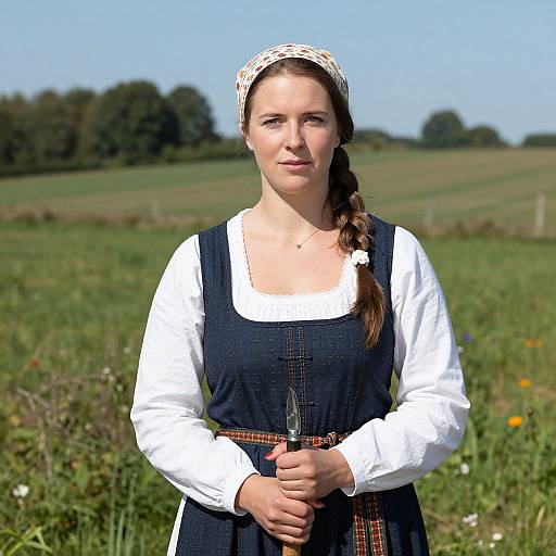 Photograph of a young Caucasian woman with light skin, braided brown hair, wearing a white blouse, black pinafore, and headscarf