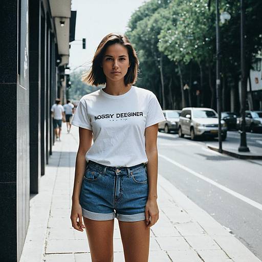 Photograph of a young woman with shoulder-length brown hair, wearing a white 