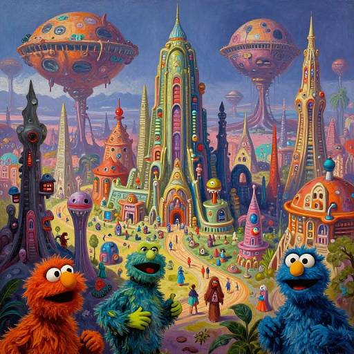 Digital illustration of Sesame Street characters in a vibrant, colorful, futuristic cityscape with flying saucer-like buildings and whimsical architecture.