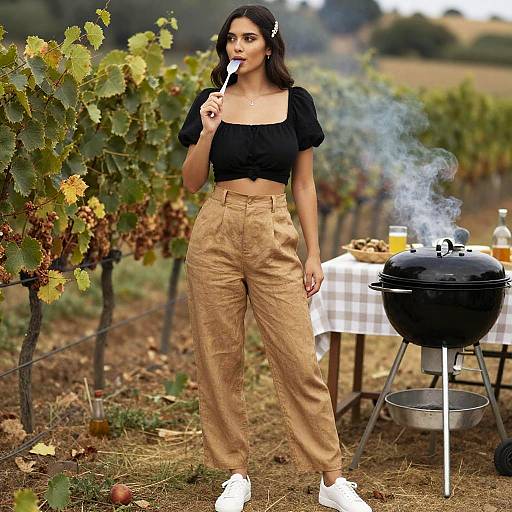 Photograph of a young woman with dark hair, wearing a black top and tan high-waisted pants, eating from a grill in a vineyard