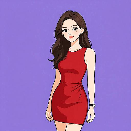 Digital anime-style drawing of a smiling woman with long brown hair in a tight red dress against a solid purple background.