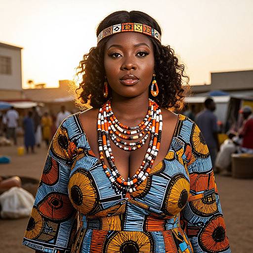 Photograph of a confident African woman with dark skin, curly hair, wearing a colorful geometric dress, multiple bead necklaces, headband, and earrings