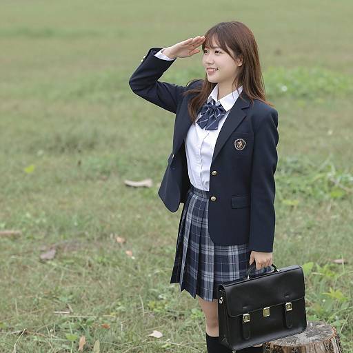 Cheerful School Girl on Tree Stump