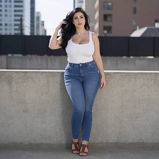 Curvy Woman in White Tank Top and Jeans Outdoors