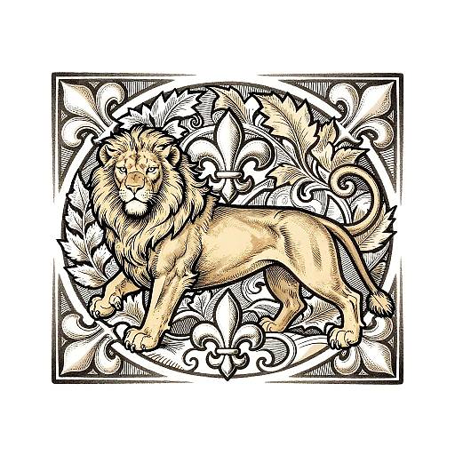 Intricate black-and-white illustration of a regal lion standing amidst ornate, swirling foliage within a rectangular frame. Vintage, detailed, and styl