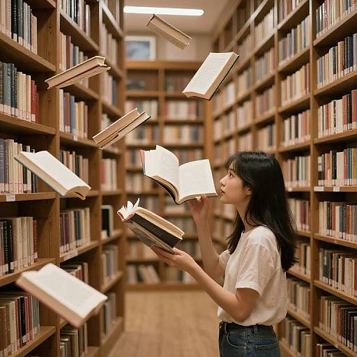Photograph of an Asian woman in a white t-shirt and jeans, levitating books in a wooden library aisle.