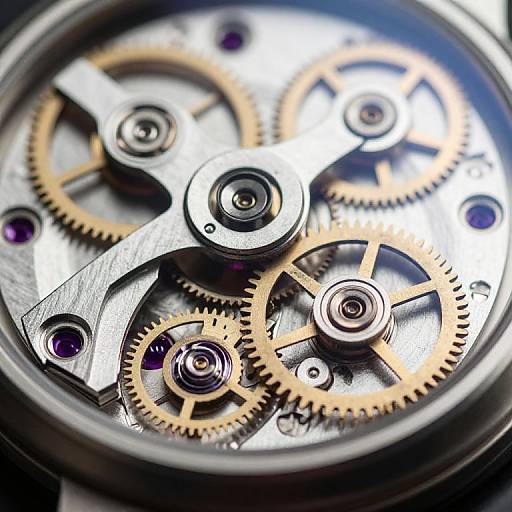 Close-up photograph of intricate mechanical watch gears, featuring interlocking silver and gold gears with purple jewels, highlighting precision and craftsmanship.