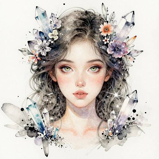 Watercolor portrait of a fair-skinned, blue-eyed girl with wavy dark hair, adorned with colorful flowers and abstract crystals. Ethereal, delicate