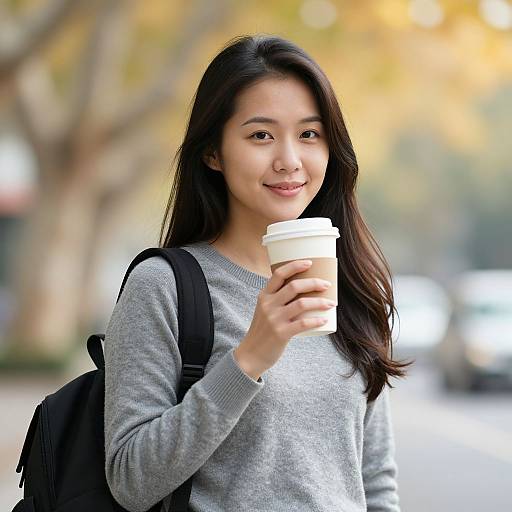 Photograph of an Asian woman with long black hair, wearing a gray sweater, holding a coffee cup, smiling, with a black backpack, standing in