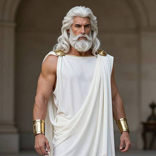 Photograph of an older, muscular man with white hair and beard, wearing a white toga and gold arm cuffs, standing in a stone archway