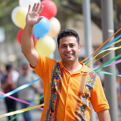 Cheerful Man Waving Amid Festive Ribbons