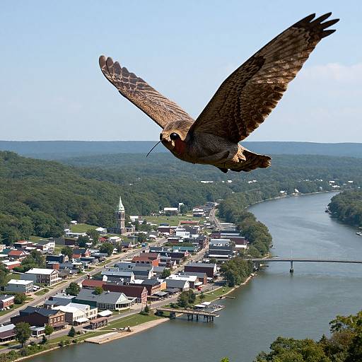 Photograph of a large brown hawk soaring above a small riverside town with dense greenery, white and red buildings, and a bridge over a calm