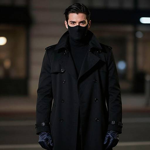 Photograph of a mysterious man in a black overcoat and mask, wearing black gloves, standing in a dimly lit urban night scene. Intense