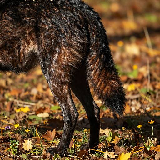 Close-up photograph of a dark-furred animal's rear, with sunlight highlighting its thick, textured coat, standing on a forest floor covered in autumn leaves