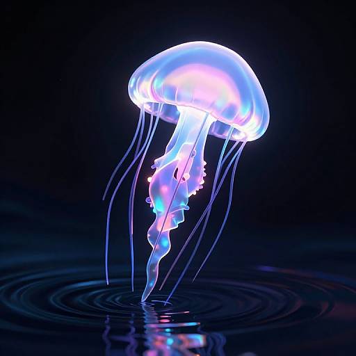 Glowing blue and purple jellyfish with translucent bell and long tentacles floating on dark water, creating ripples beneath. Digital artwork.