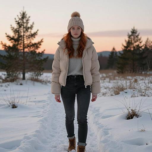 Serene Winter Sunset with Red-Haired Model