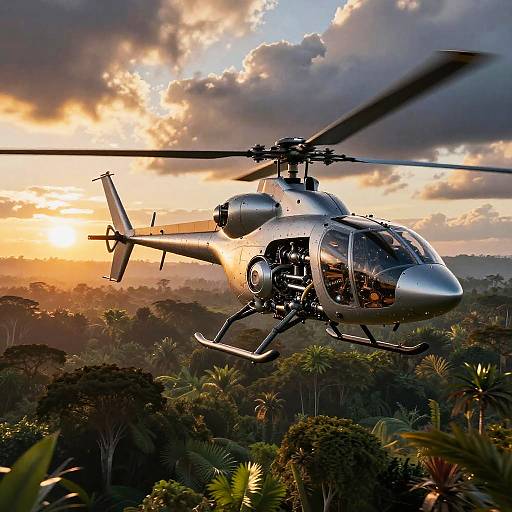 Helicopter Over Jungle Sunset