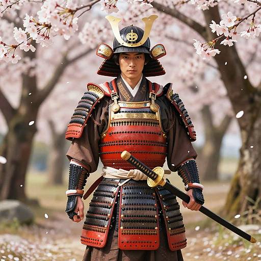 Photograph of a Japanese samurai warrior in full armor with red and black plates, holding a katana, standing under cherry blossom trees.