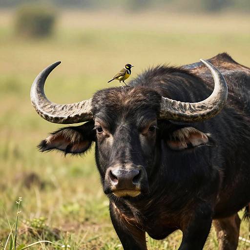 Black Water Buffalo with Yellow Bird