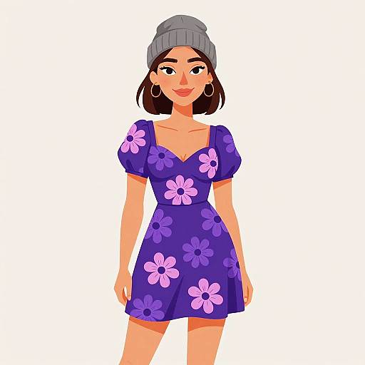 Digital illustration of a smiling woman with short black hair, wearing a gray beanie, purple floral dress, and large hoop earrings.