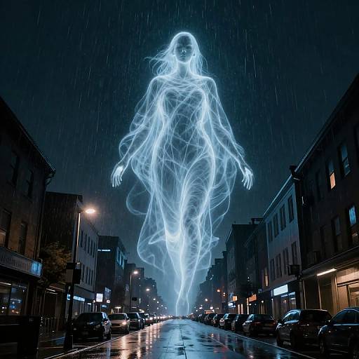 Photograph of a glowing, ethereal figure in flowing white light descending from the night sky over a rainy, urban street.