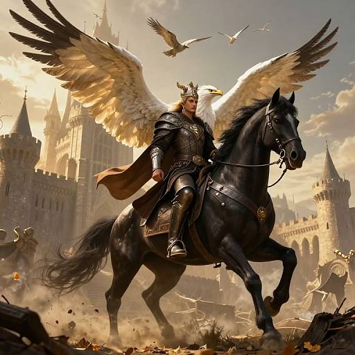 Digital art of a winged armored knight with a golden crown riding a black horse, surrounded by birds, castle ruins, and dust.