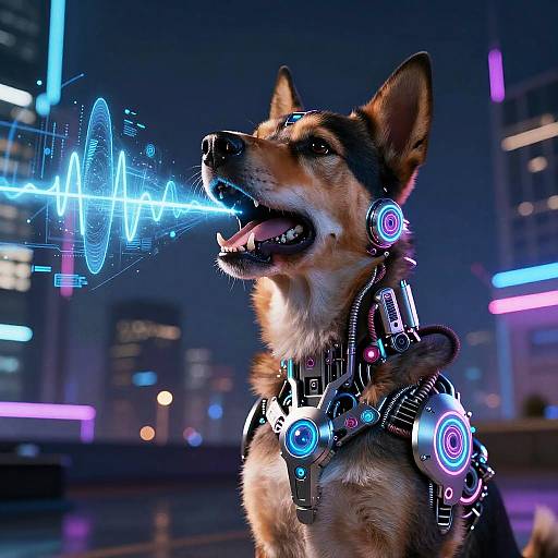 Digital CGI of a German Shepherd with neon-lit headphones, emitting a blue heart rate line from its mouth, in a futuristic cityscape at night.