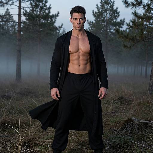 Photograph of a muscular, shirtless man with short dark hair, wearing a black open robe and pants, standing in a misty forest.