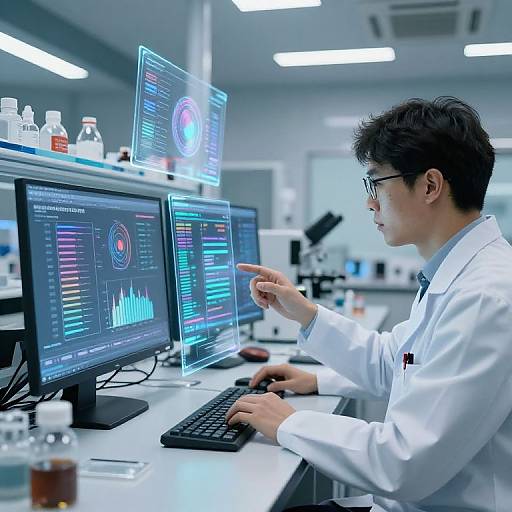 Photograph of an Asian male scientist in a white lab coat, wearing glasses, pointing at multiple computer monitors displaying colorful data graphs in a brightly lit laboratory