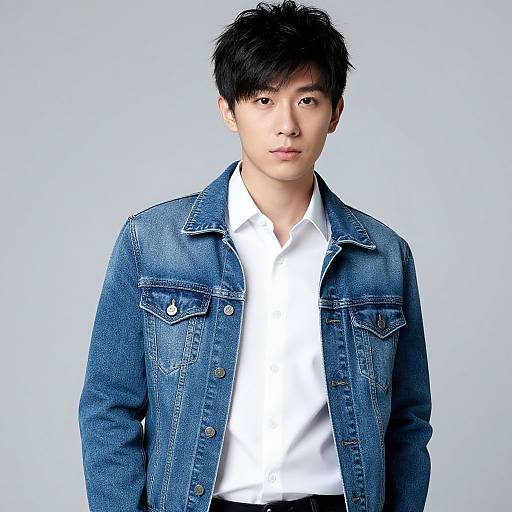 Photograph of an Asian man with black, slightly messy hair, wearing a blue denim jacket over a white button-up shirt, against a plain light blue