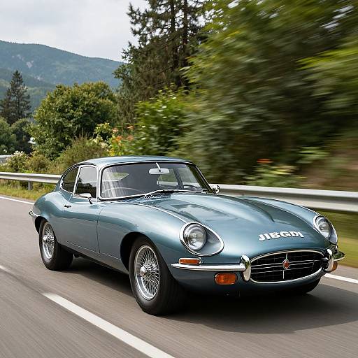 Photograph of a sleek, blue classic Jaguar E-Type driving on a winding road through a lush, green forested mountain area.