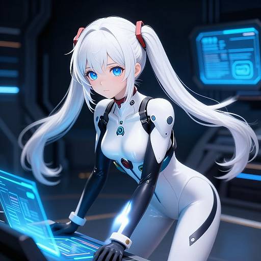 Digital anime-style image of a white-haired, blue-eyed woman in a tight, white and black futuristic bodysuit, leaning on a glowing blue holog