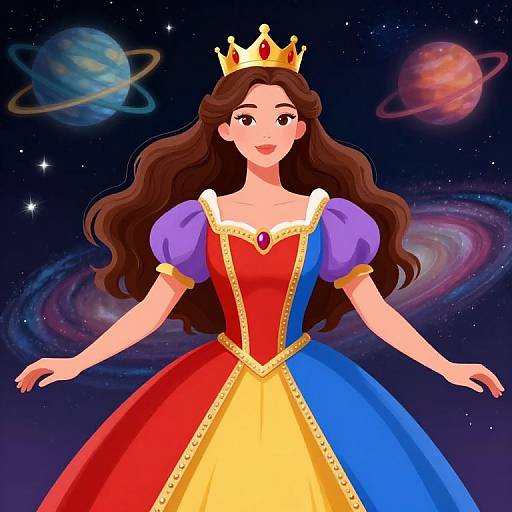 Digital illustration of a fair-skinned princess with long brown hair, wearing a gold crown, red and blue dress with yellow skirt, purple puffed sleeves