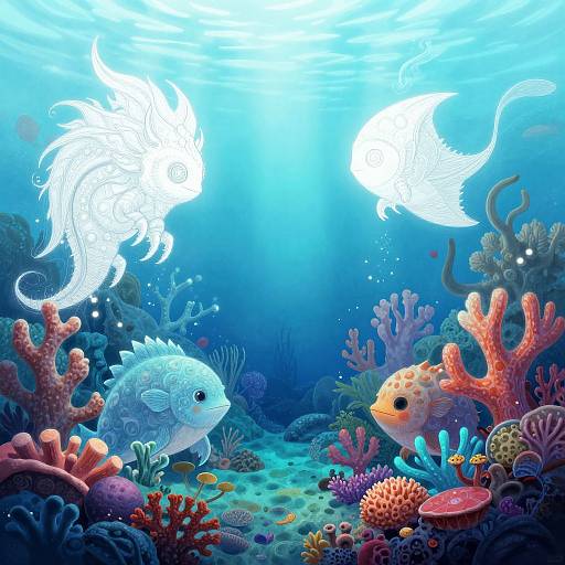 Digital artwork of two glowing white fish swimming above a vibrant underwater coral reef with colorful corals and small fish.