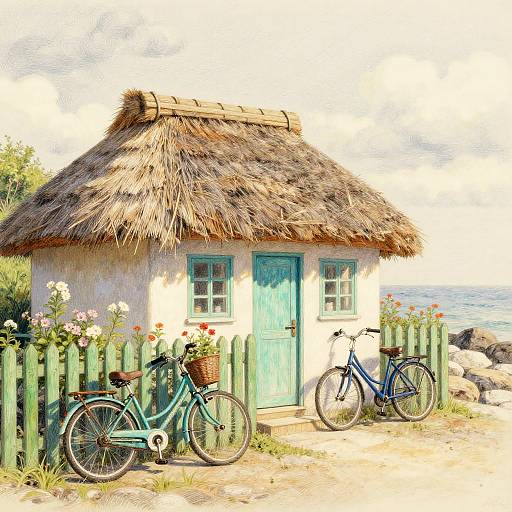 Whimsical painting of a small, thatched cottage with turquoise door and windows, green picket fence, and two bicycles, beside a serene seaside