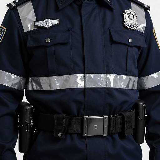 Photograph of a dark blue police uniform with silver reflective stripes, winged badge, black belt with pouches, and shoulder patches.