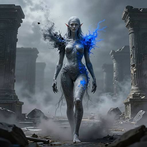 Digital art of a blue-skinned, elf-like female warrior with pointed ears, nude, surrounded by ruins, with blue energy aura and smoke.