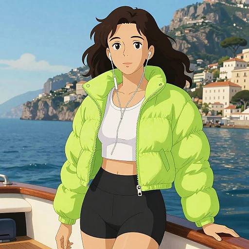 Anime-style digital drawing of a woman with long black hair, wearing a neon green puffer jacket, white crop top, and black shorts, standing on