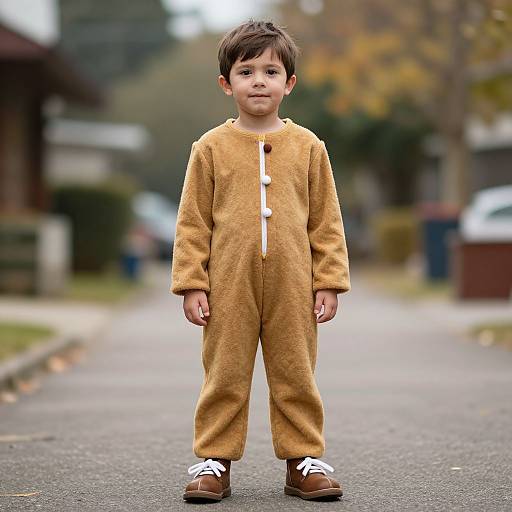 Photograph of a young boy with short brown hair, wearing a brown onesie with white buttons and white laces, standing on a suburban street.