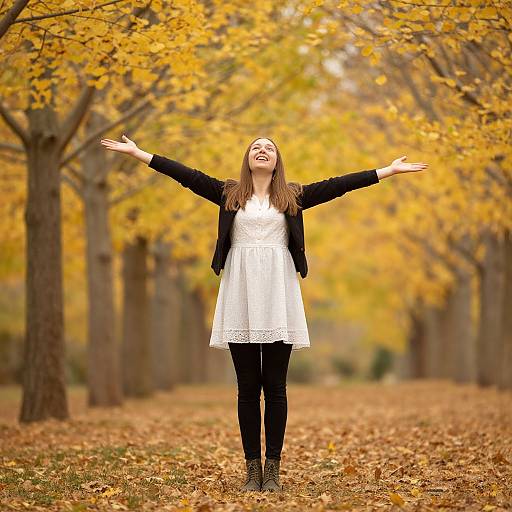 Photograph of a smiling woman with long brown hair, white dress, black jacket, and black pants, standing in an autumn forest with yellow leaves and
