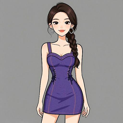 Anime-style digital drawing of a fair-skinned woman with long black hair in a braid, wearing a tight, purple, strapless dress and large