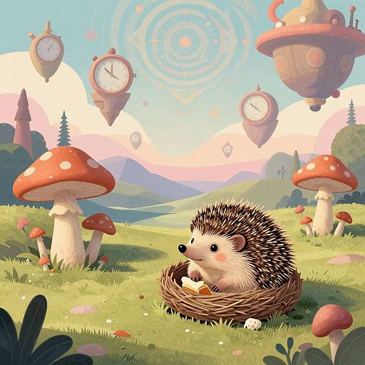 Whimsical digital illustration of a cute hedgehog in a nest, eating a mushroom, surrounded by red-capped mushrooms, floating clocks, and a