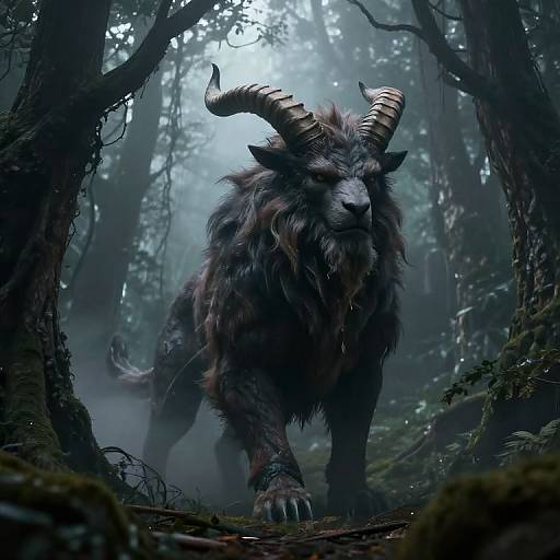 Digital artwork of a fearsome, dark-furred, horned beast with sharp claws and a menacing expression, standing in a misty, dense forest